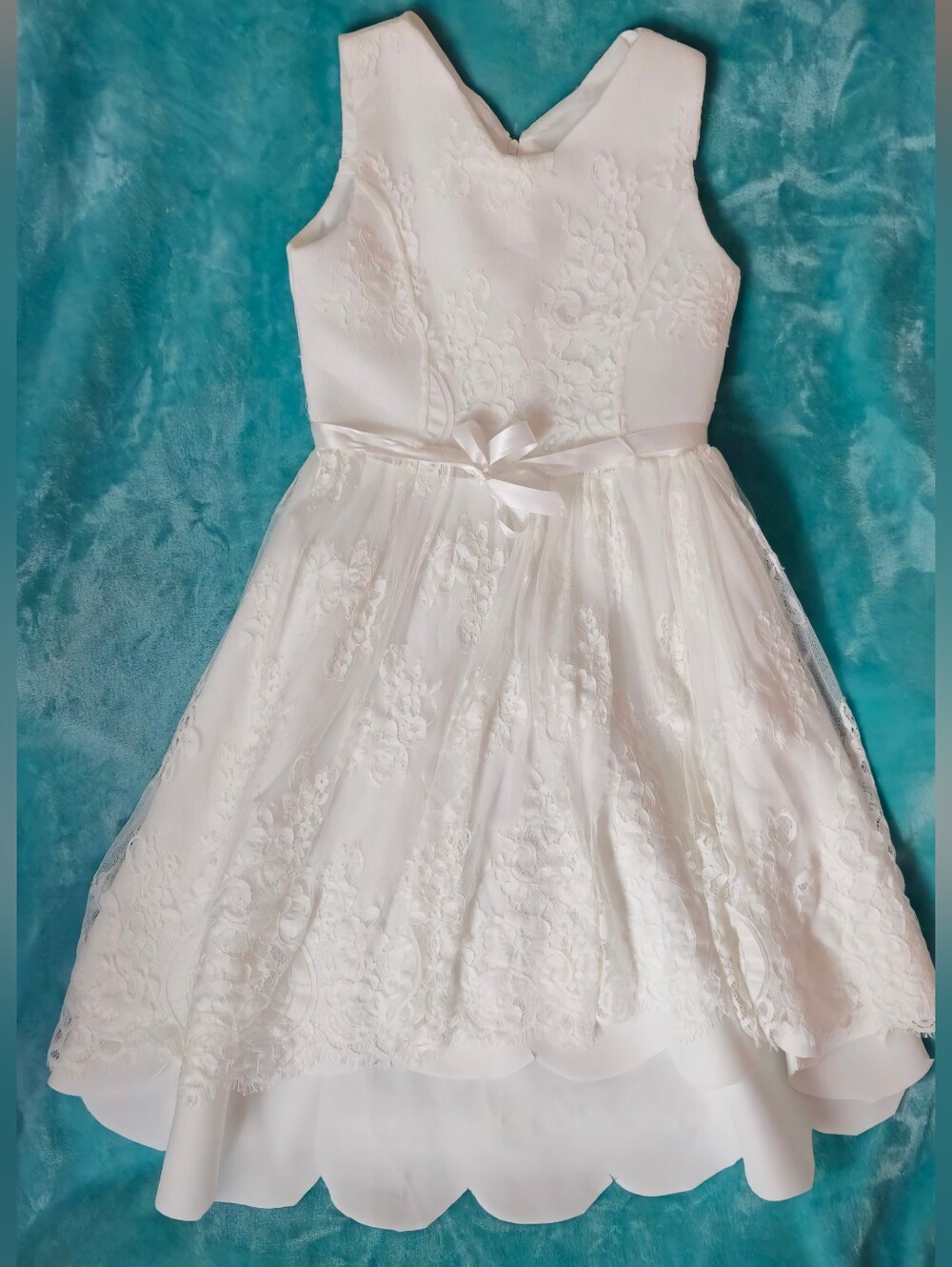 Biscotti Ivory Lace Overlay w/Scallop Hi-Low Hemline Dress w/Satin Bow - Size 12